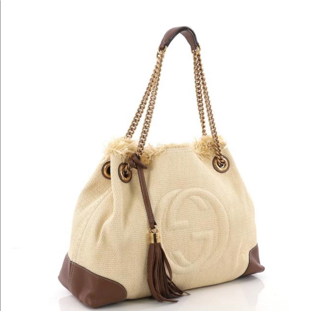 Gucci Beige and Brown Canvas Tote with Tassel